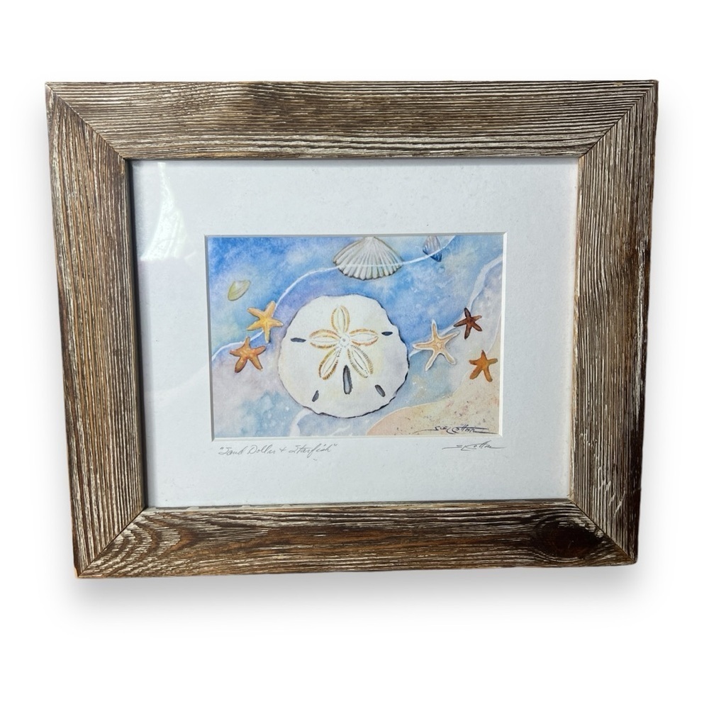 Sue Cotton Signed Watercolor Painting Sand Dollar and Starfish Print Framed Art